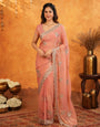 Peach Pink Fendy Satin Embroidered Saree with Rich Floral Border & Tassels | Elegant Pastel Designer Saree with Heavy Embroidered Blouse