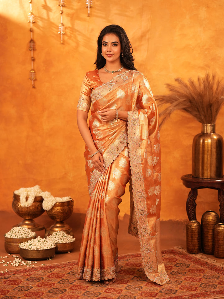 Rust Orange Banarasi Silk Saree with Floral Zari Butti & Scalloped Embroidered Border | Designer Wedding & Festive Wear Saree with Blouse