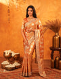 Rust Orange Banarasi Silk Saree with Floral Zari Butti & Scalloped Embroidered Border | Designer Wedding & Festive Wear Saree with Blouse
