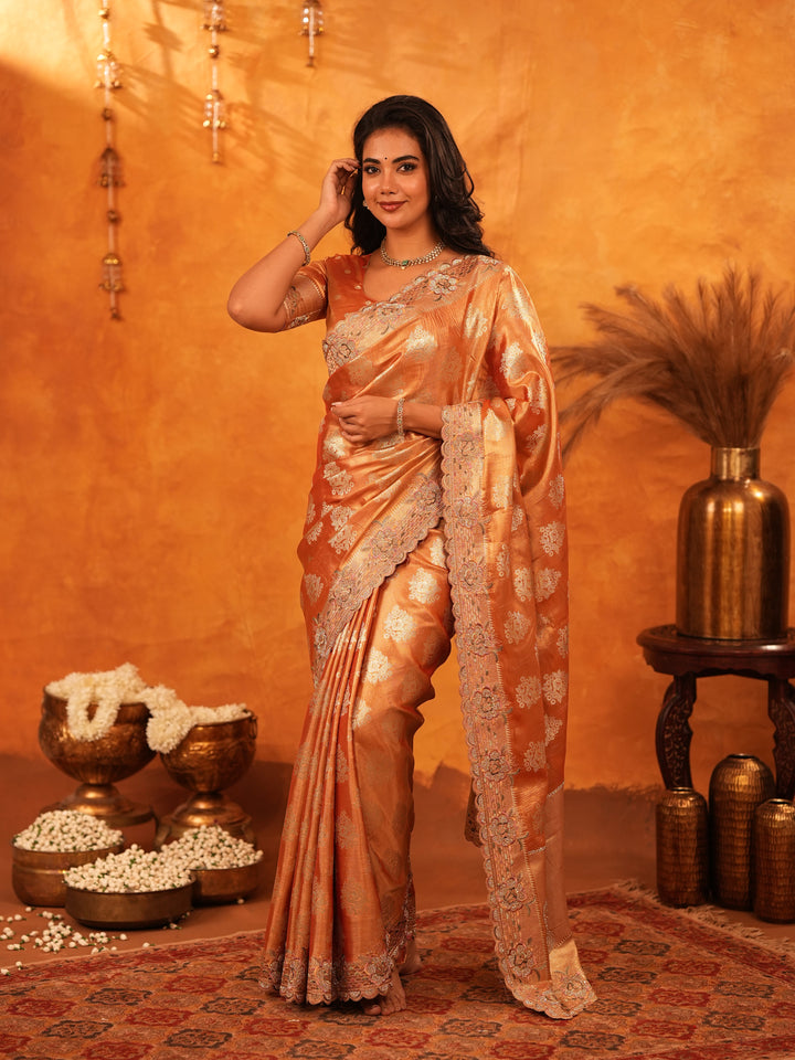 Rust Orange Banarasi Silk Saree with Floral Zari Butti & Scalloped Embroidered Border | Designer Wedding & Festive Wear Saree with Blouse
