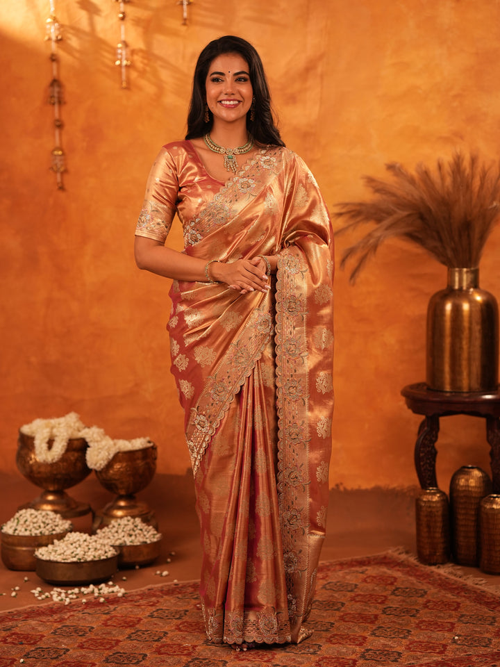 Rose Gold Banarasi Silk Saree with Floral Zari Butti & Scalloped Embroidered Border | Premium Wedding & Festive Wear Designer Saree