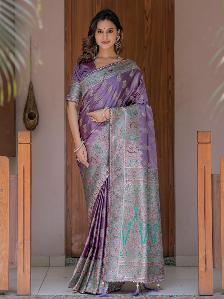 Royal Lavender Purple Banarasi Silk Saree with Intricate Paisley Zari Weaving & Tassel Detailing