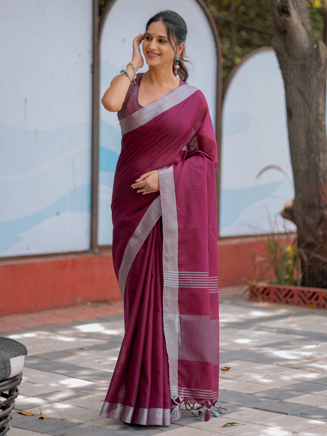 Elegant Wine Purple Pure Handloom Cotton Saree with Silver Border & Tassel Detailing