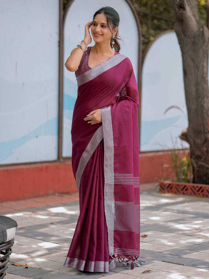 Elegant Wine Purple Pure Handloom Cotton Saree with Silver Border & Tassel Detailing