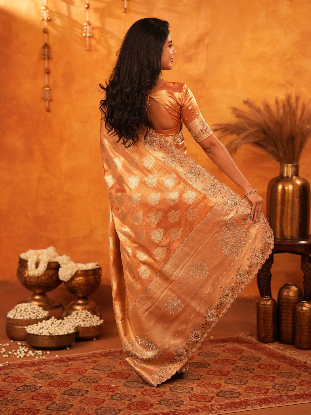 Rust Orange Banarasi Silk Saree with Floral Zari Butti & Scalloped Embroidered Border | Designer Wedding & Festive Wear Saree with Blouse