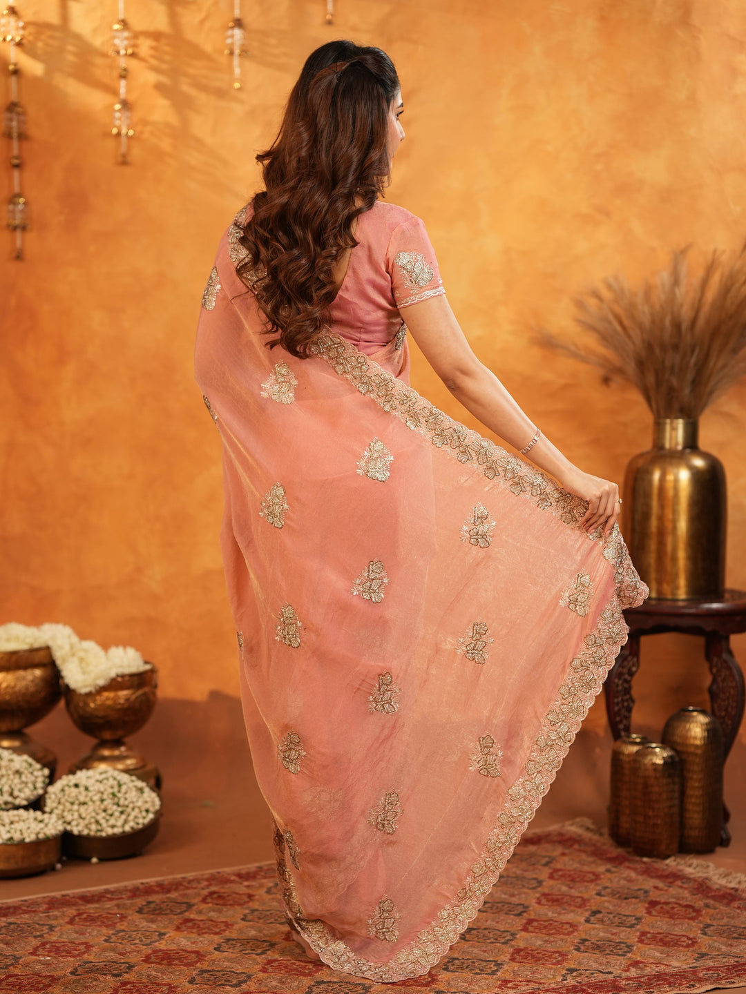 Peach Pink Fendy Satin Embroidered Saree with Rich Floral Border & Tassels | Elegant Pastel Designer Saree with Heavy Embroidered Blouse