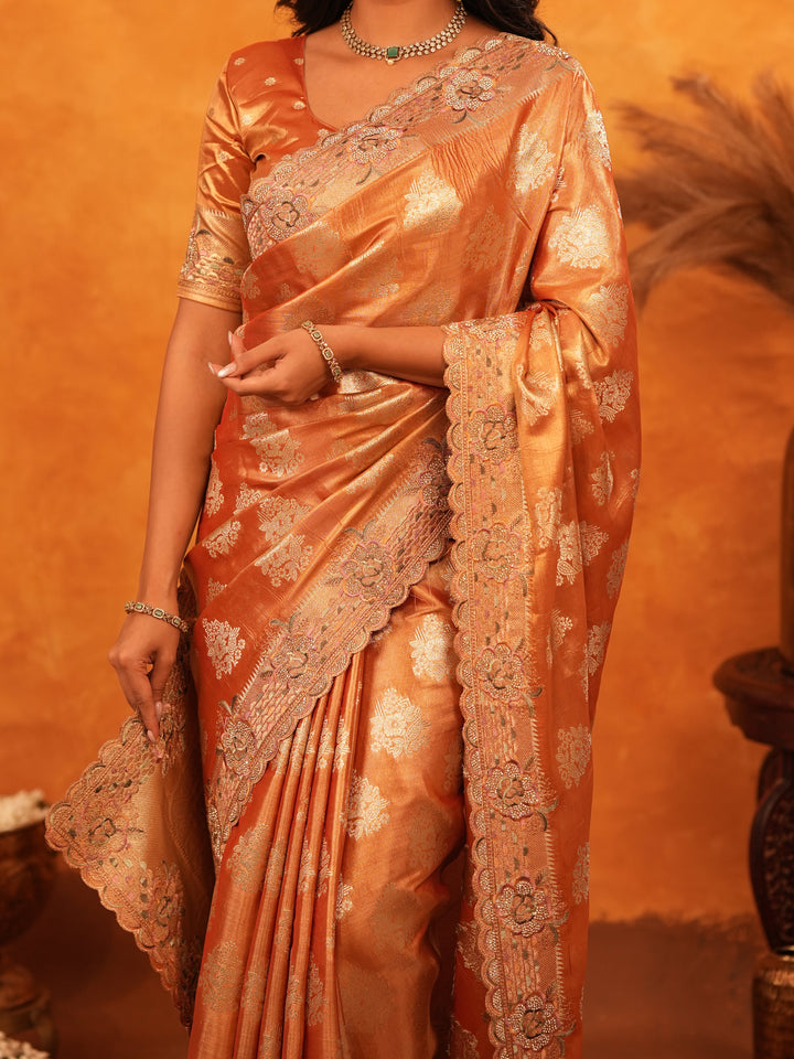 Rust Orange Banarasi Silk Saree with Floral Zari Butti & Scalloped Embroidered Border | Designer Wedding & Festive Wear Saree with Blouse