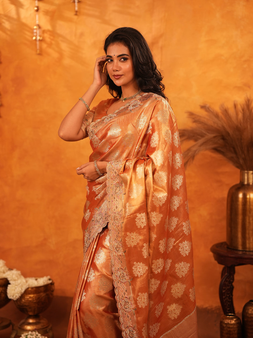 Rust Orange Banarasi Silk Saree with Floral Zari Butti & Scalloped Embroidered Border | Designer Wedding & Festive Wear Saree with Blouse