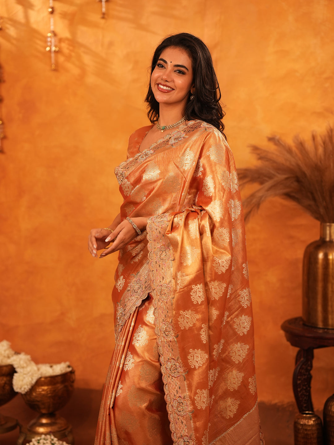 Rust Orange Banarasi Silk Saree with Floral Zari Butti & Scalloped Embroidered Border | Designer Wedding & Festive Wear Saree with Blouse