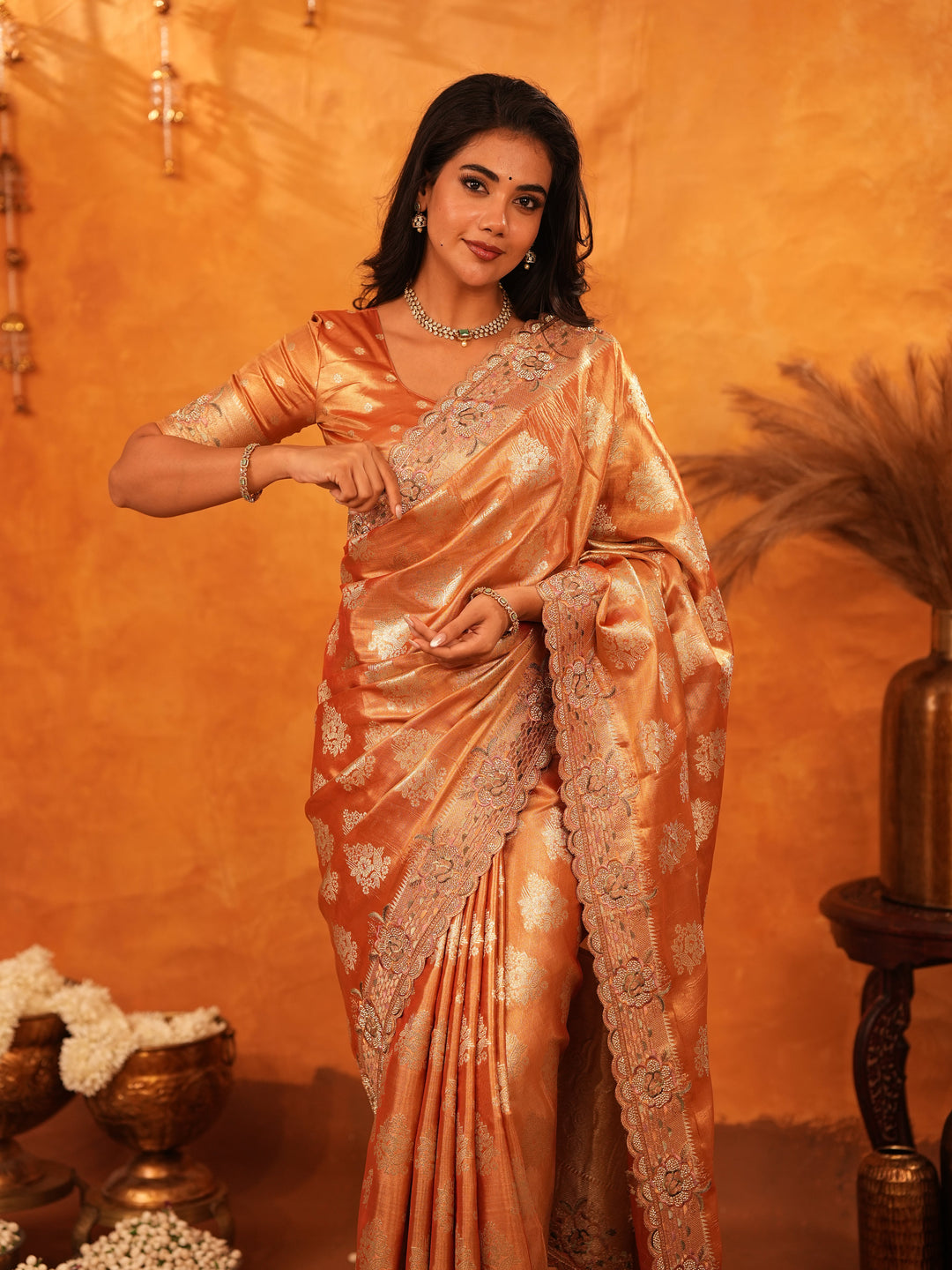 Rust Orange Banarasi Silk Saree with Floral Zari Butti & Scalloped Embroidered Border | Designer Wedding & Festive Wear Saree with Blouse
