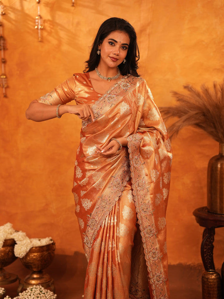 Rust Orange Banarasi Silk Saree with Floral Zari Butti & Scalloped Embroidered Border | Designer Wedding & Festive Wear Saree with Blouse