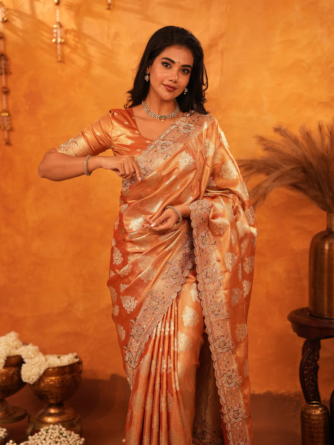 Rust Orange Banarasi Silk Saree with Floral Zari Butti & Scalloped Embroidered Border | Designer Wedding & Festive Wear Saree with Blouse
