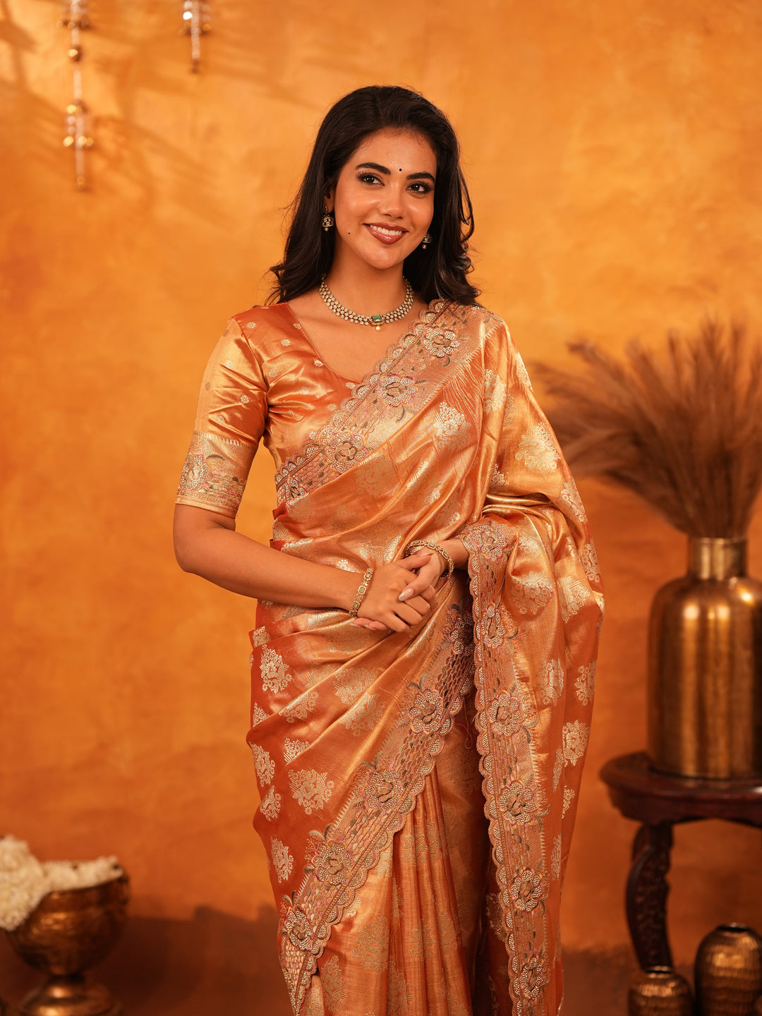 Rust Orange Banarasi Silk Saree with Floral Zari Butti & Scalloped Embroidered Border | Designer Wedding & Festive Wear Saree with Blouse