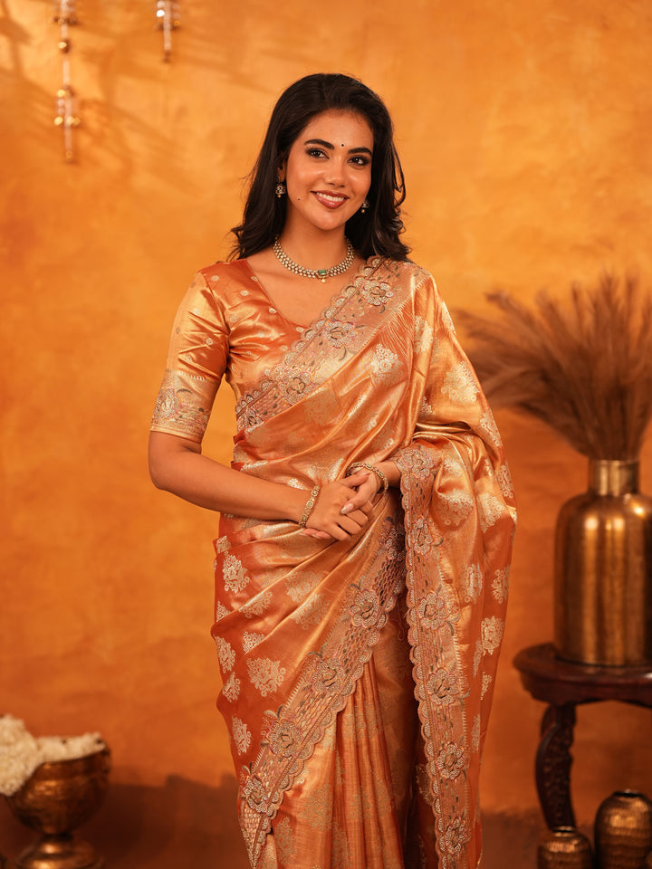 Rust Orange Banarasi Silk Saree with Floral Zari Butti & Scalloped Embroidered Border | Designer Wedding & Festive Wear Saree with Blouse