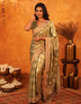 Olive Gold Banarasi Silk Saree with Floral Zari Butti & Scalloped Embroidered Border | Elegant Wedding & Festive Designer Saree