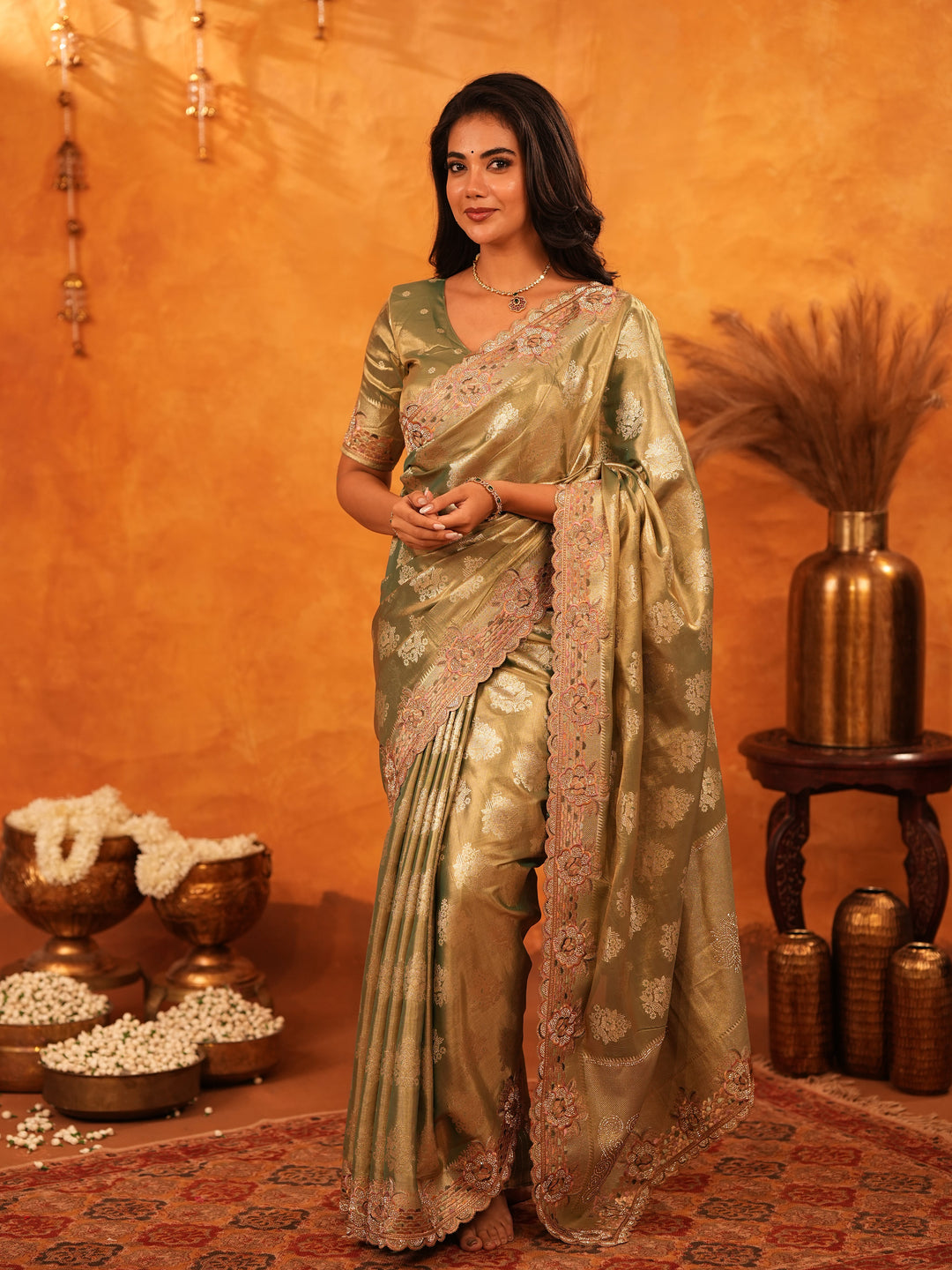 Olive Gold Banarasi Silk Saree with Floral Zari Butti & Scalloped Embroidered Border | Elegant Wedding & Festive Designer Saree