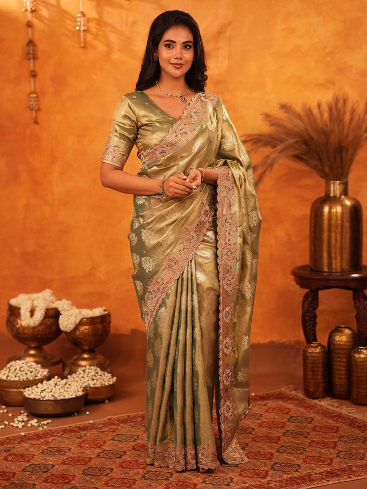 Olive Gold Banarasi Silk Saree with Floral Zari Butti & Scalloped Embroidered Border | Elegant Wedding & Festive Designer Saree