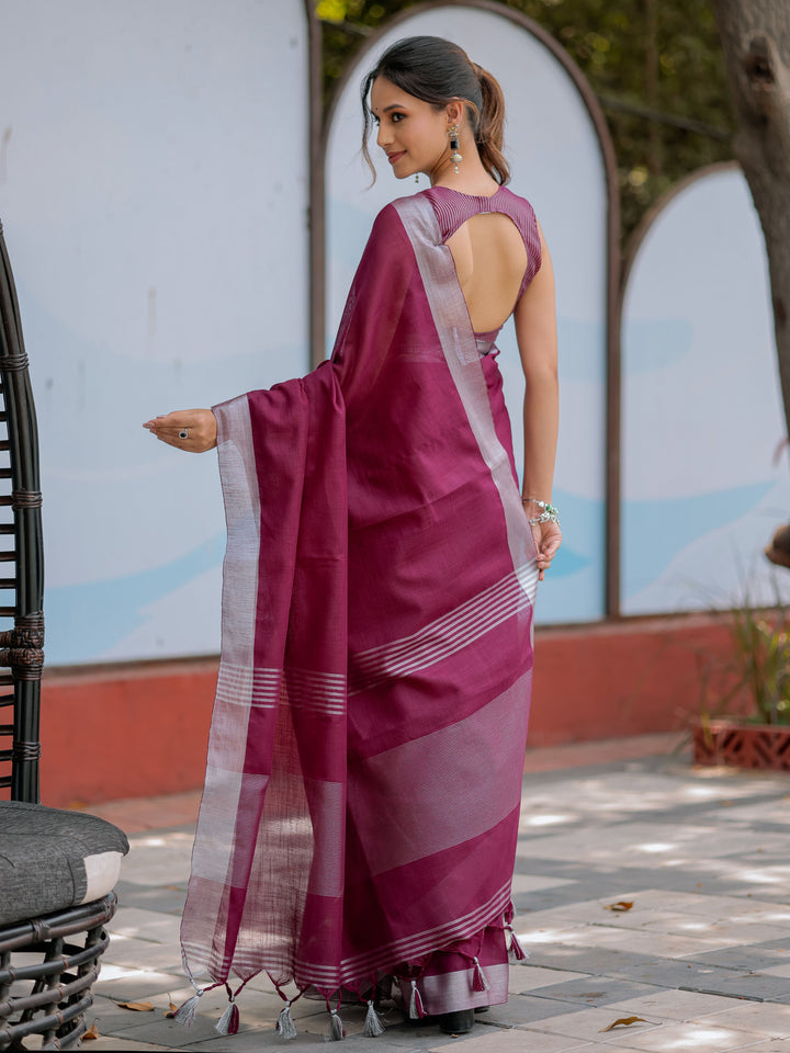 Elegant Wine Purple Pure Handloom Cotton Saree with Silver Border & Tassel Detailing