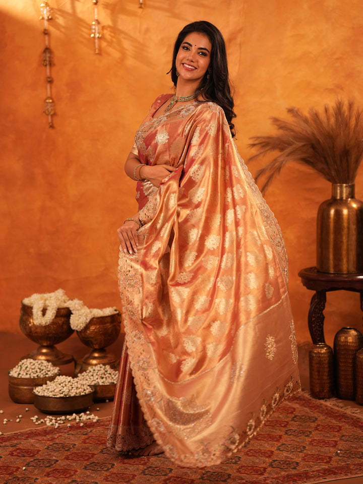 Rose Gold Banarasi Silk Saree with Floral Zari Butti & Scalloped Embroidered Border | Premium Wedding & Festive Wear Designer Saree