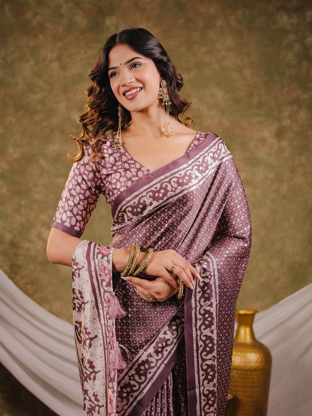Dusty Mauve Pure Chinnon Ajrakh Printed Saree with Tassel Edges, Traditional Ethnic Print & Matching Blouse Piece
