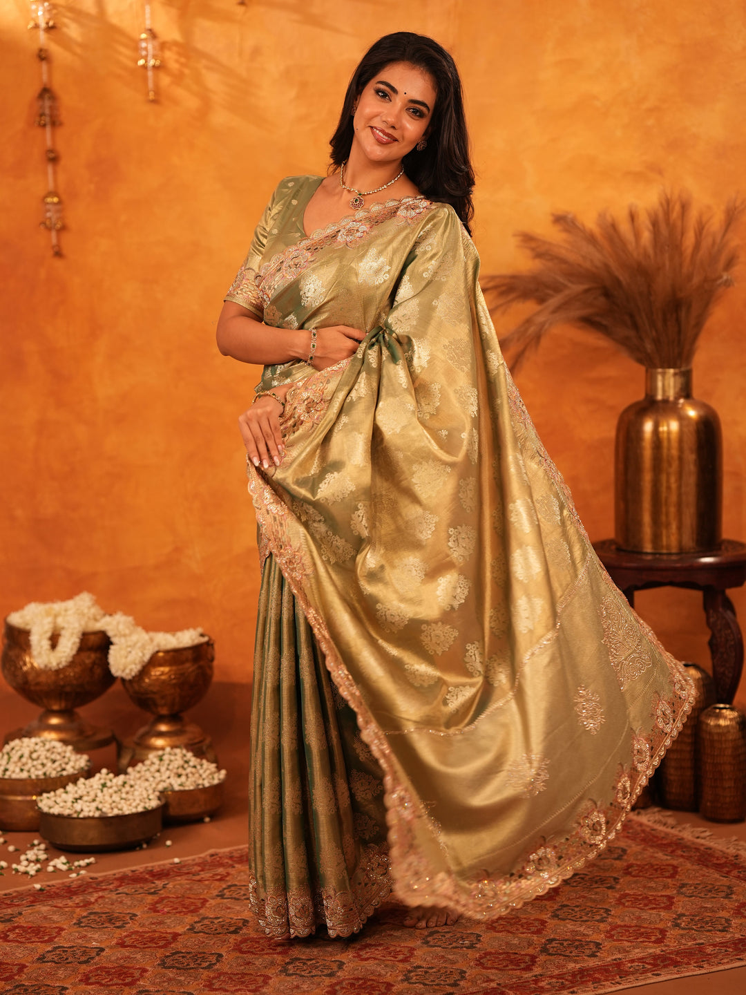 Olive Gold Banarasi Silk Saree with Floral Zari Butti & Scalloped Embroidered Border | Elegant Wedding & Festive Designer Saree