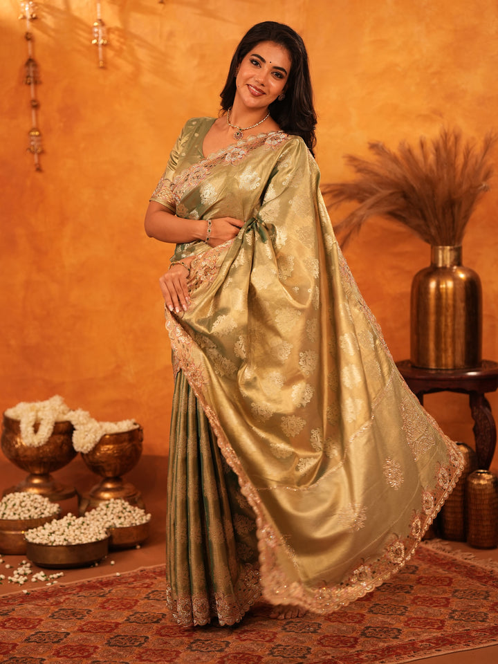 Olive Gold Banarasi Silk Saree with Floral Zari Butti & Scalloped Embroidered Border | Elegant Wedding & Festive Designer Saree