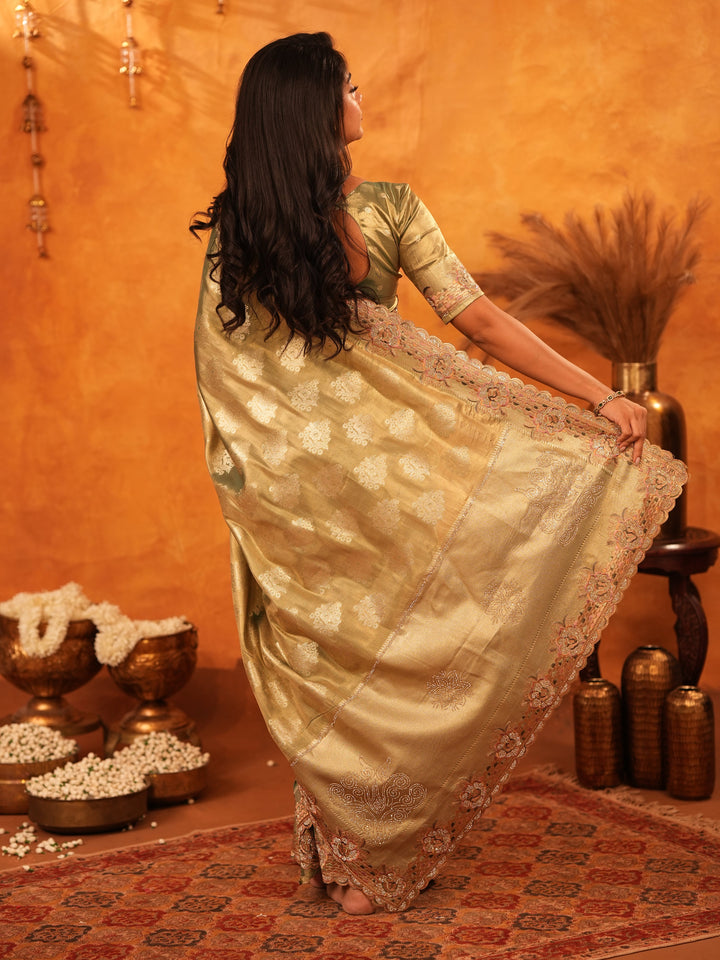Olive Gold Banarasi Silk Saree with Floral Zari Butti & Scalloped Embroidered Border | Elegant Wedding & Festive Designer Saree