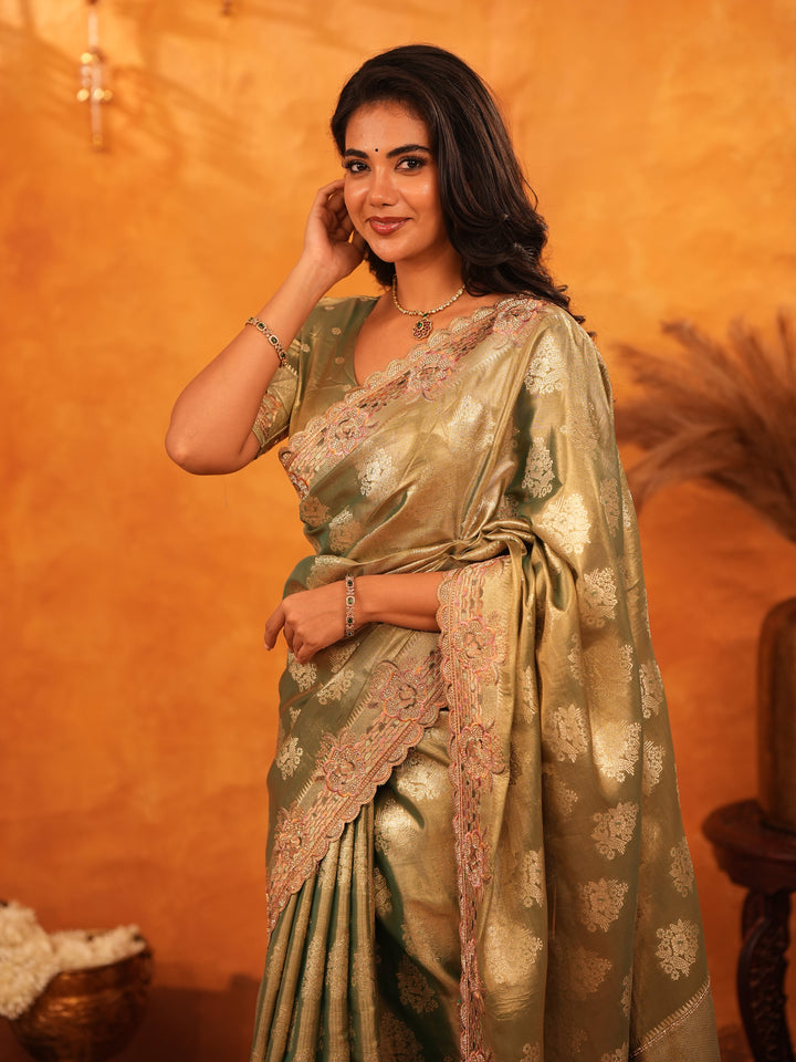 Olive Gold Banarasi Silk Saree with Floral Zari Butti & Scalloped Embroidered Border | Elegant Wedding & Festive Designer Saree