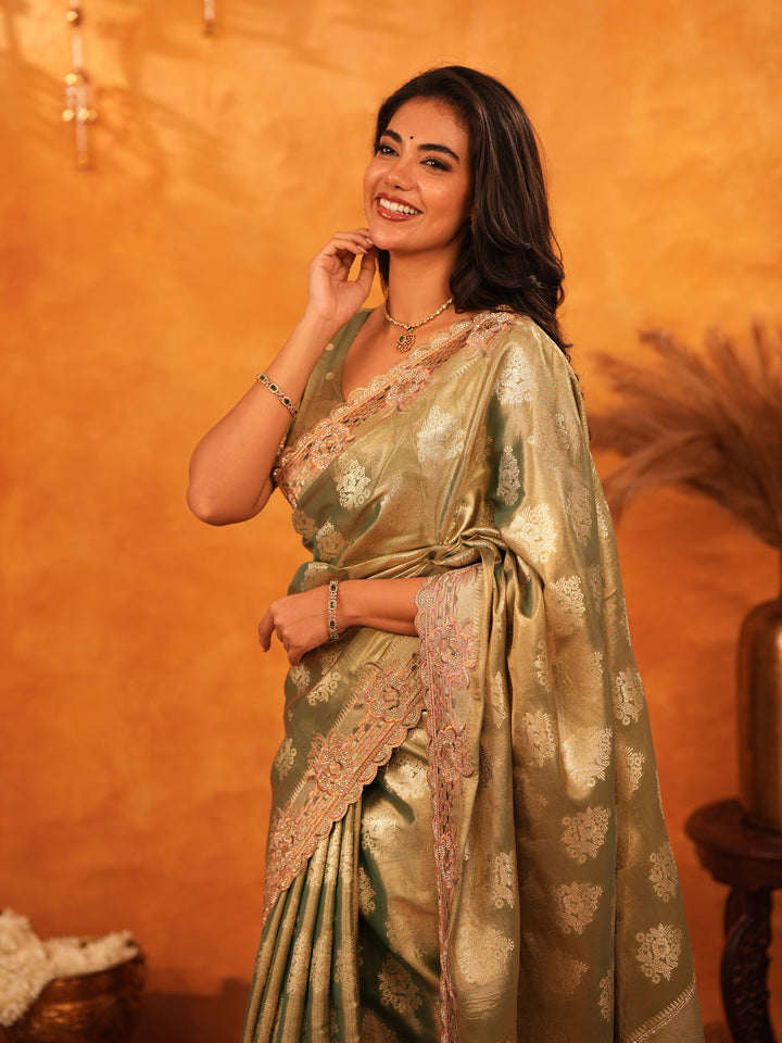 Olive Gold Banarasi Silk Saree with Floral Zari Butti & Scalloped Embroidered Border | Elegant Wedding & Festive Designer Saree
