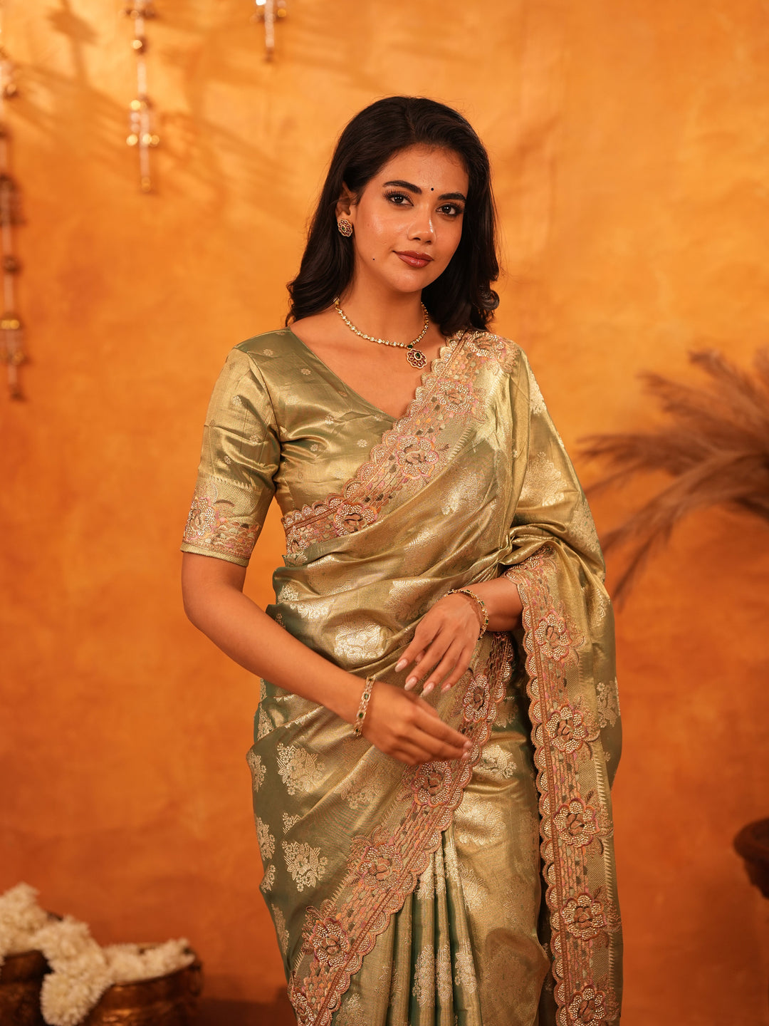 Olive Gold Banarasi Silk Saree with Floral Zari Butti & Scalloped Embroidered Border | Elegant Wedding & Festive Designer Saree