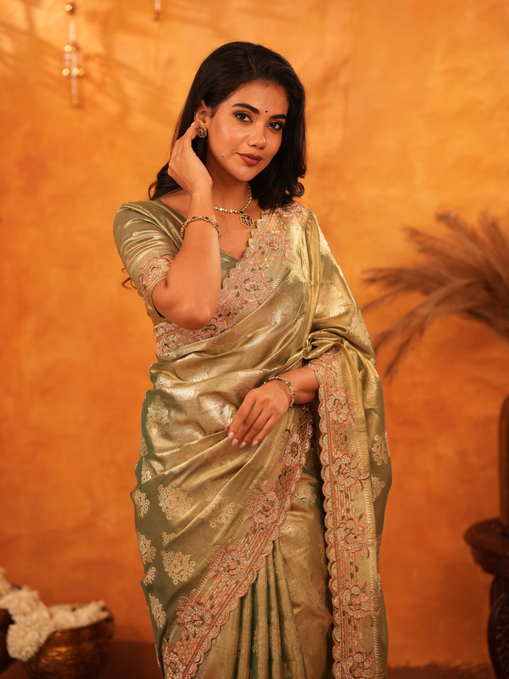 Olive Gold Banarasi Silk Saree with Floral Zari Butti & Scalloped Embroidered Border | Elegant Wedding & Festive Designer Saree