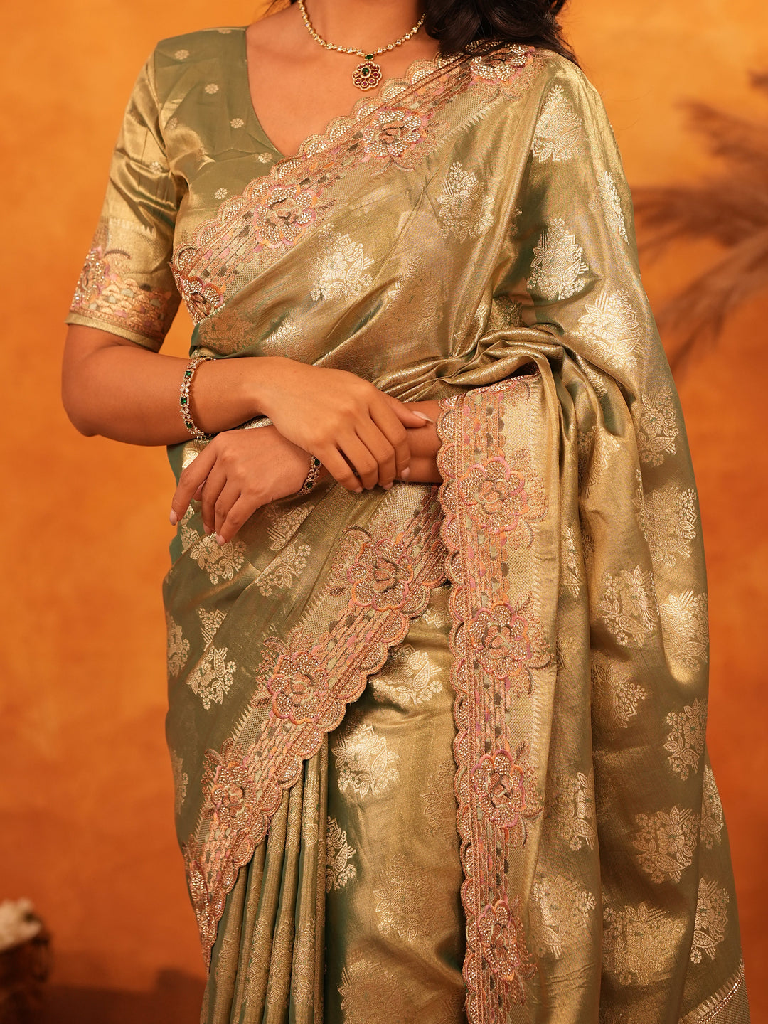 Olive Gold Banarasi Silk Saree with Floral Zari Butti & Scalloped Embroidered Border | Elegant Wedding & Festive Designer Saree