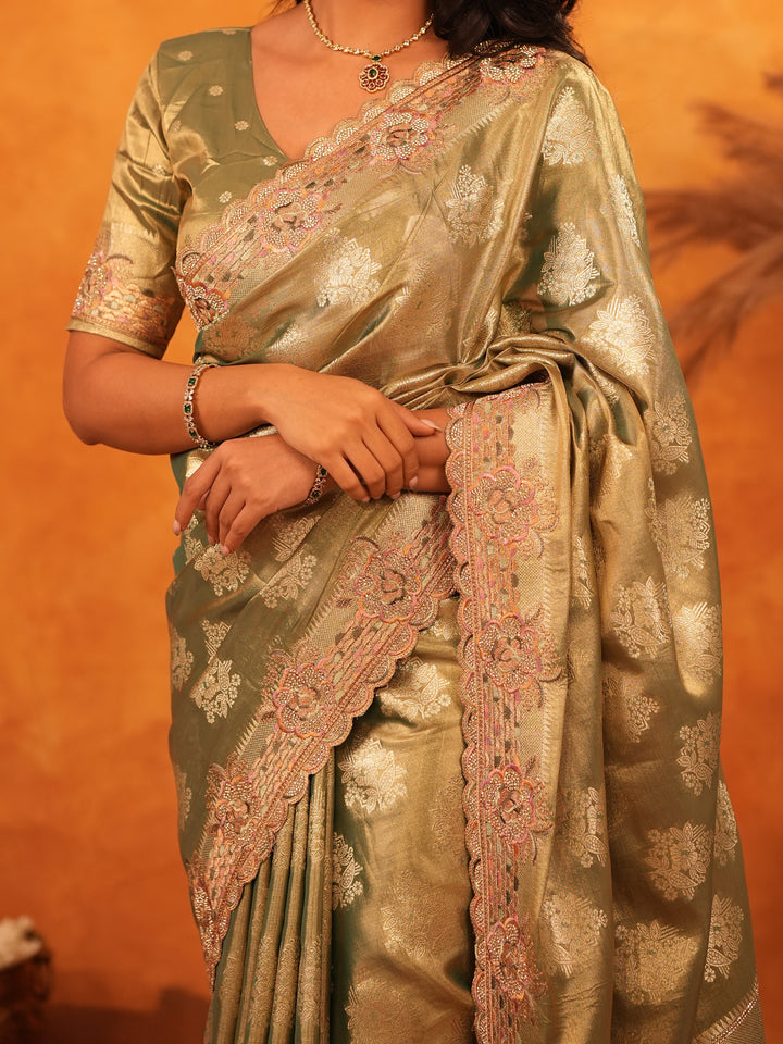 Olive Gold Banarasi Silk Saree with Floral Zari Butti & Scalloped Embroidered Border | Elegant Wedding & Festive Designer Saree