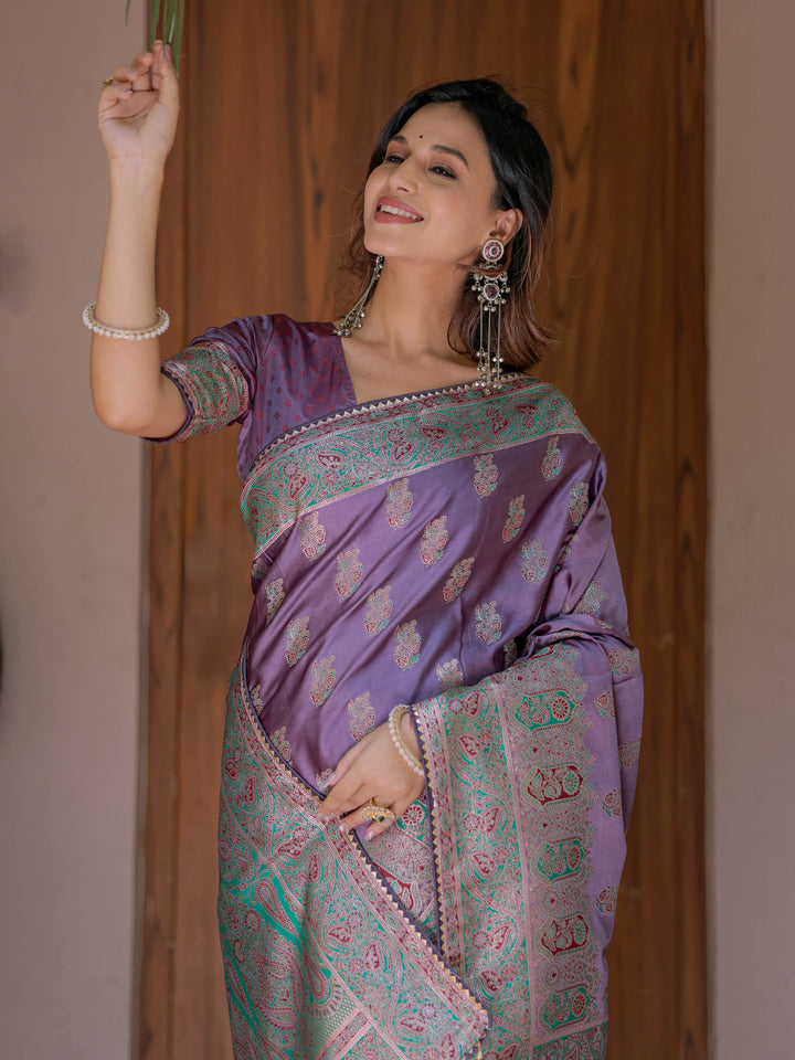 Royal Lavender Purple Banarasi Silk Saree with Intricate Paisley Zari Weaving & Tassel Detailing