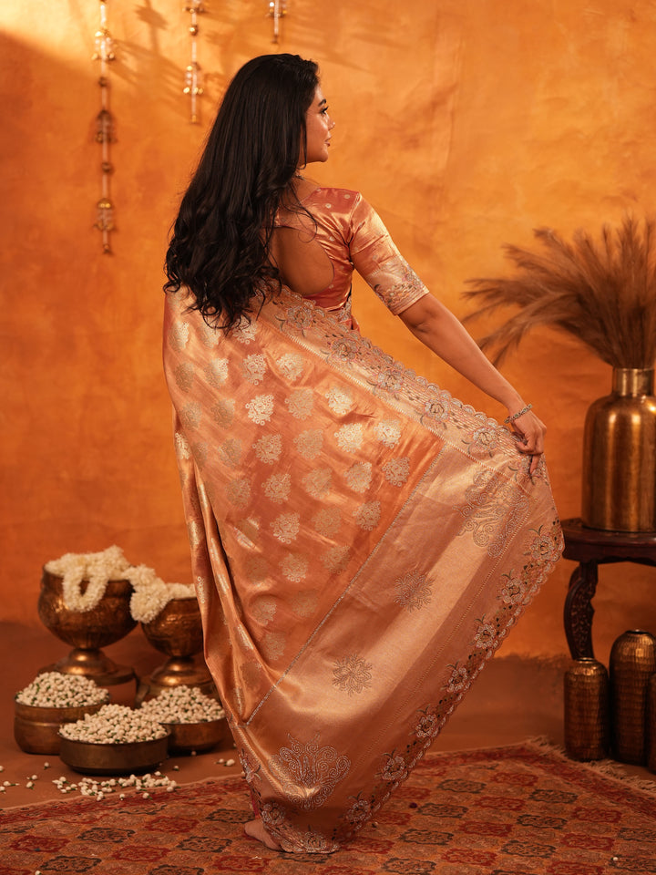 Rose Gold Banarasi Silk Saree with Floral Zari Butti & Scalloped Embroidered Border | Premium Wedding & Festive Wear Designer Saree