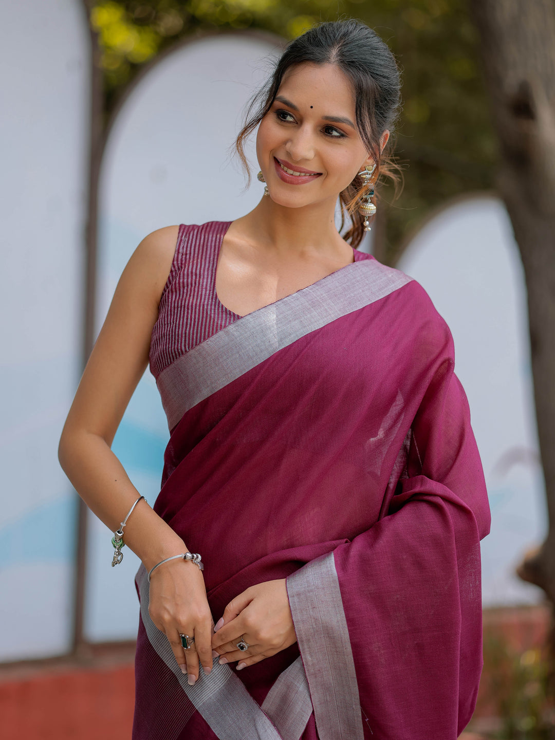 Elegant Wine Purple Pure Handloom Cotton Saree with Silver Border & Tassel Detailing