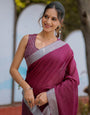 Elegant Wine Purple Pure Handloom Mul Cotton Saree with Silver Border & Tassel Detailing