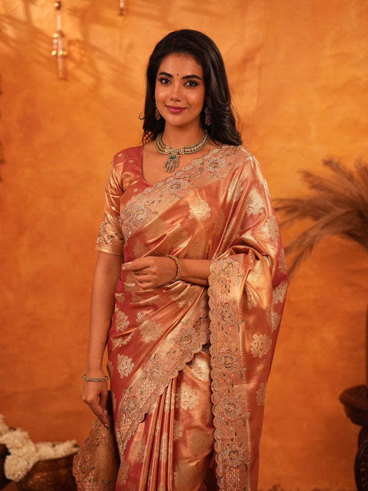 Rose Gold Banarasi Silk Saree with Floral Zari Butti & Scalloped Embroidered Border | Premium Wedding & Festive Wear Designer Saree