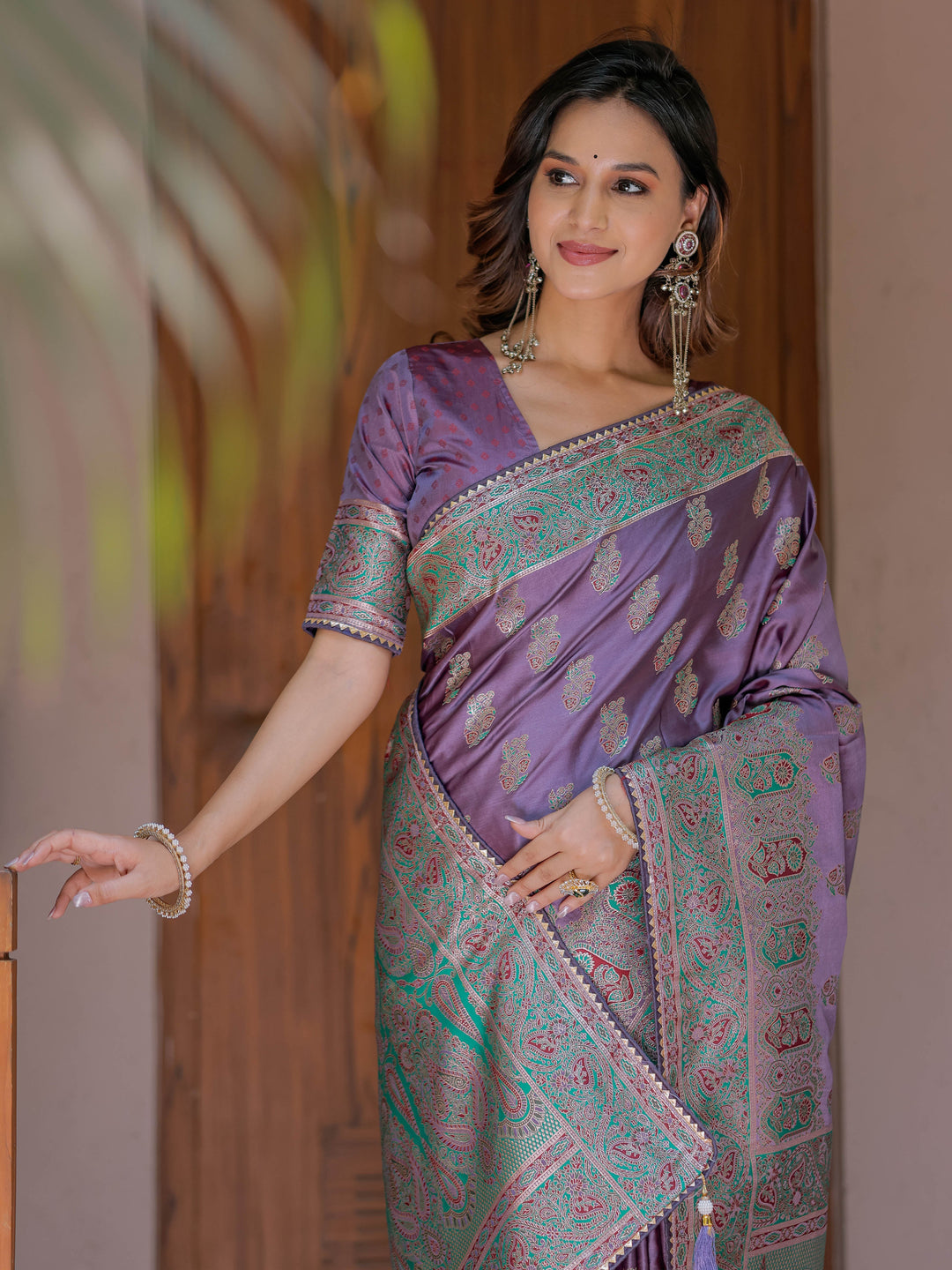 Royal Lavender Purple Banarasi Silk Saree with Intricate Paisley Zari Weaving & Tassel Detailing