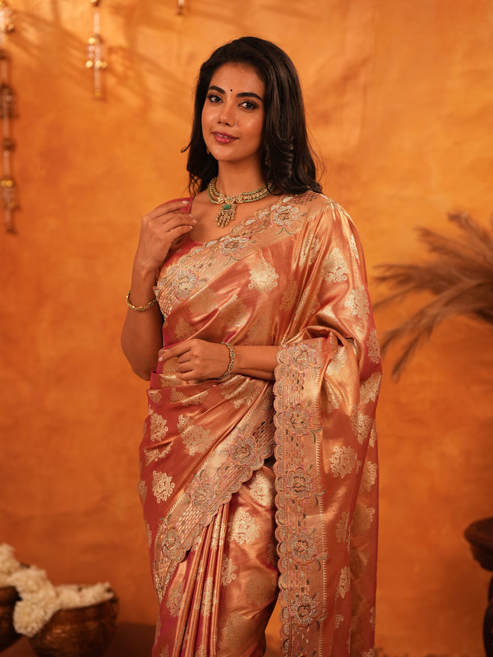 Rose Gold Banarasi Silk Saree with Floral Zari Butti & Scalloped Embroidered Border | Premium Wedding & Festive Wear Designer Saree