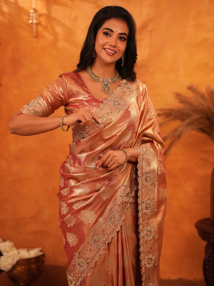Rose Gold Banarasi Silk Saree with Floral Zari Butti & Scalloped Embroidered Border | Premium Wedding & Festive Wear Designer Saree