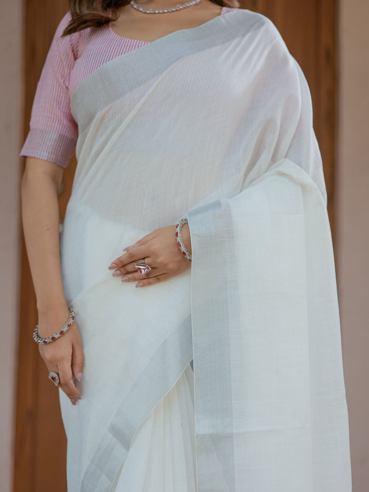Pure White & Blush Pink Handloom Cotton Saree with Minimal Striped Border & Tassel Detailing