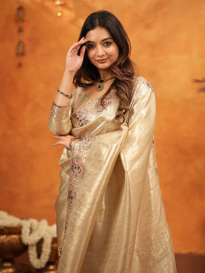 Champagne Gold Banarasi Silk Embroidered Saree with Paisley Border & Zari Weaving | Heavy Embroidered Blouse with Tassels | Wedding & Festive Wear Saree