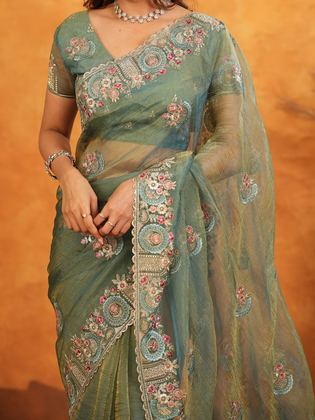 Teal Green Fendy Satin Embroidered Saree with Multicolor Floral Border & Tassels | Premium Designer Saree with Heavy Embroidered Blouse