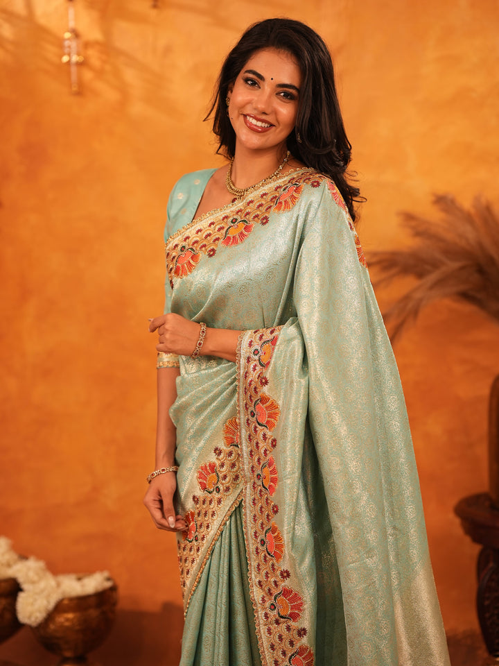 Mint Green Banarasi Silk Saree with Peacock Floral Embroidered Border & Zari Weaving | Elegant Festive & Wedding Wear Designer Saree