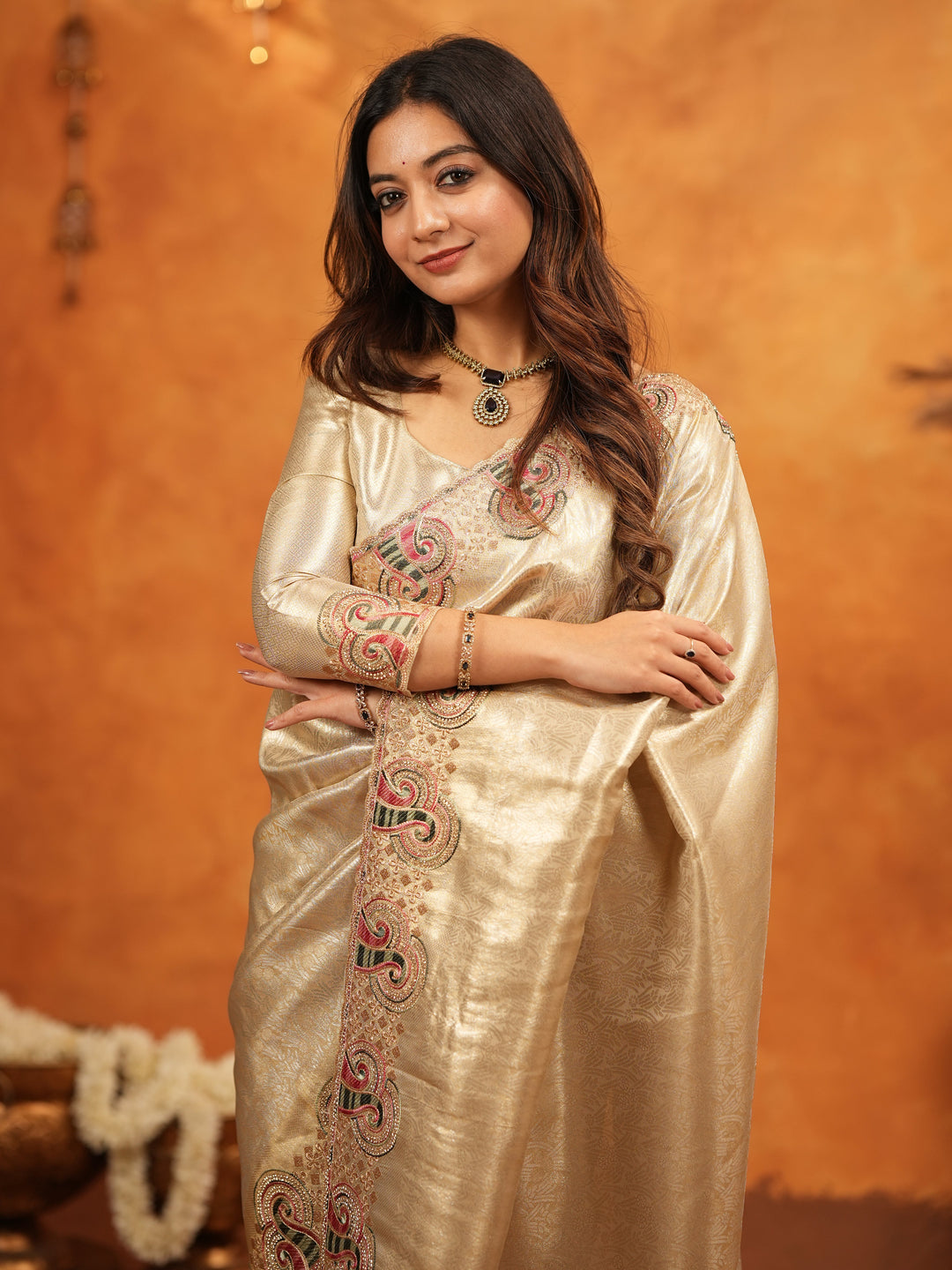 Champagne Gold Banarasi Silk Embroidered Saree with Paisley Border & Zari Weaving | Heavy Embroidered Blouse with Tassels | Wedding & Festive Wear Saree