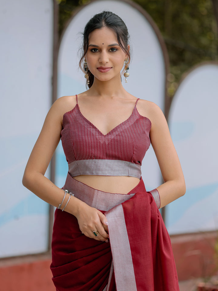 Elegant Wine Red Pure Handloom Cotton Saree with Silver Border & Tassel Detailing