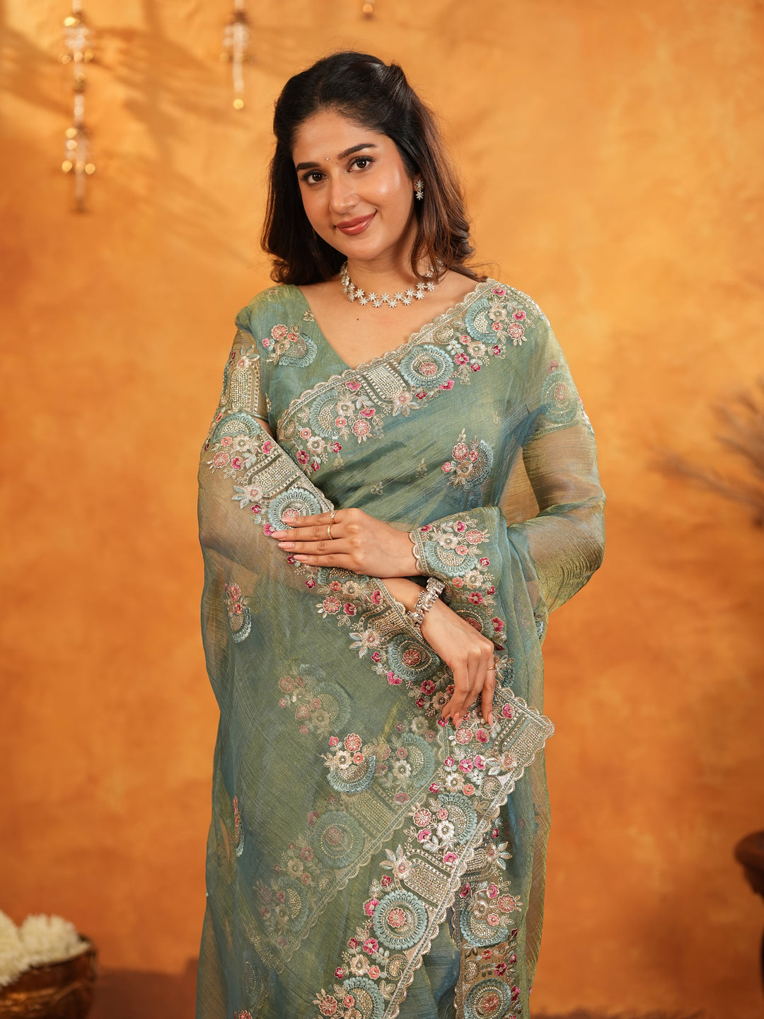 Teal Green Fendy Satin Embroidered Saree with Multicolor Floral Border & Tassels | Premium Designer Saree with Heavy Embroidered Blouse