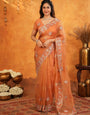 Burnt Orange Fendy Satin Embroidered Saree with Intricate Floral Border & Tassels | Premium Designer Saree with Heavy Embroidered Blouse