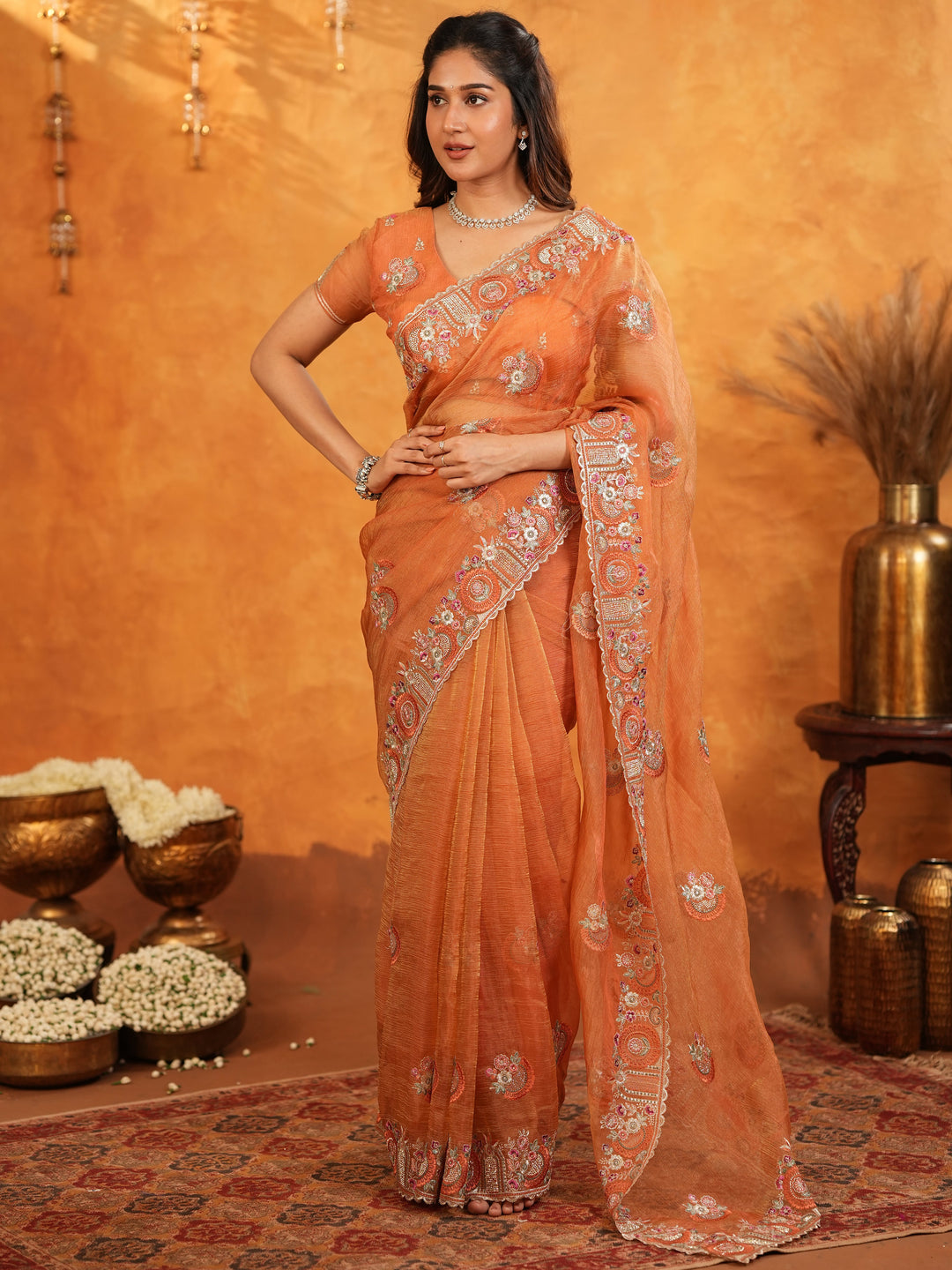 Burnt Orange Fendy Satin Embroidered Saree with Intricate Floral Border & Tassels | Premium Designer Saree with Heavy Embroidered Blouse